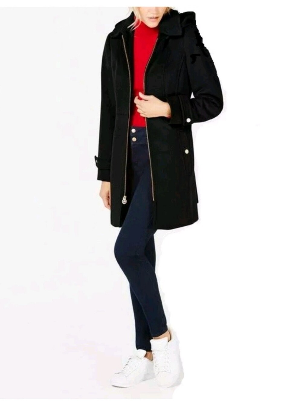 MICHAEL KORS, Hooded Stand Collar Coat Peacoat Black, Size S(6), RRP $275